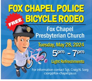 Flyer for Bicycle Rodeo with cartoon character of an officer with a bike
